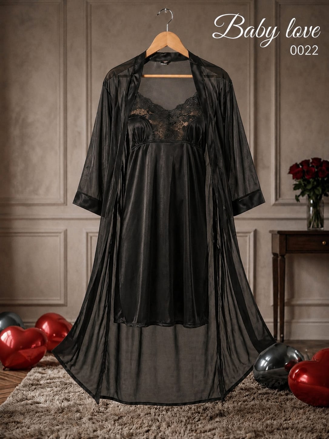 NeedNight Midnight Romance Lace Trim Nightdress & Sheer Robe Set