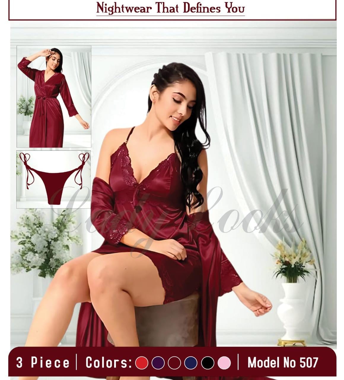 Luxury 3-Piece Satin Nightwear Set with Lace Detailing – Maroon