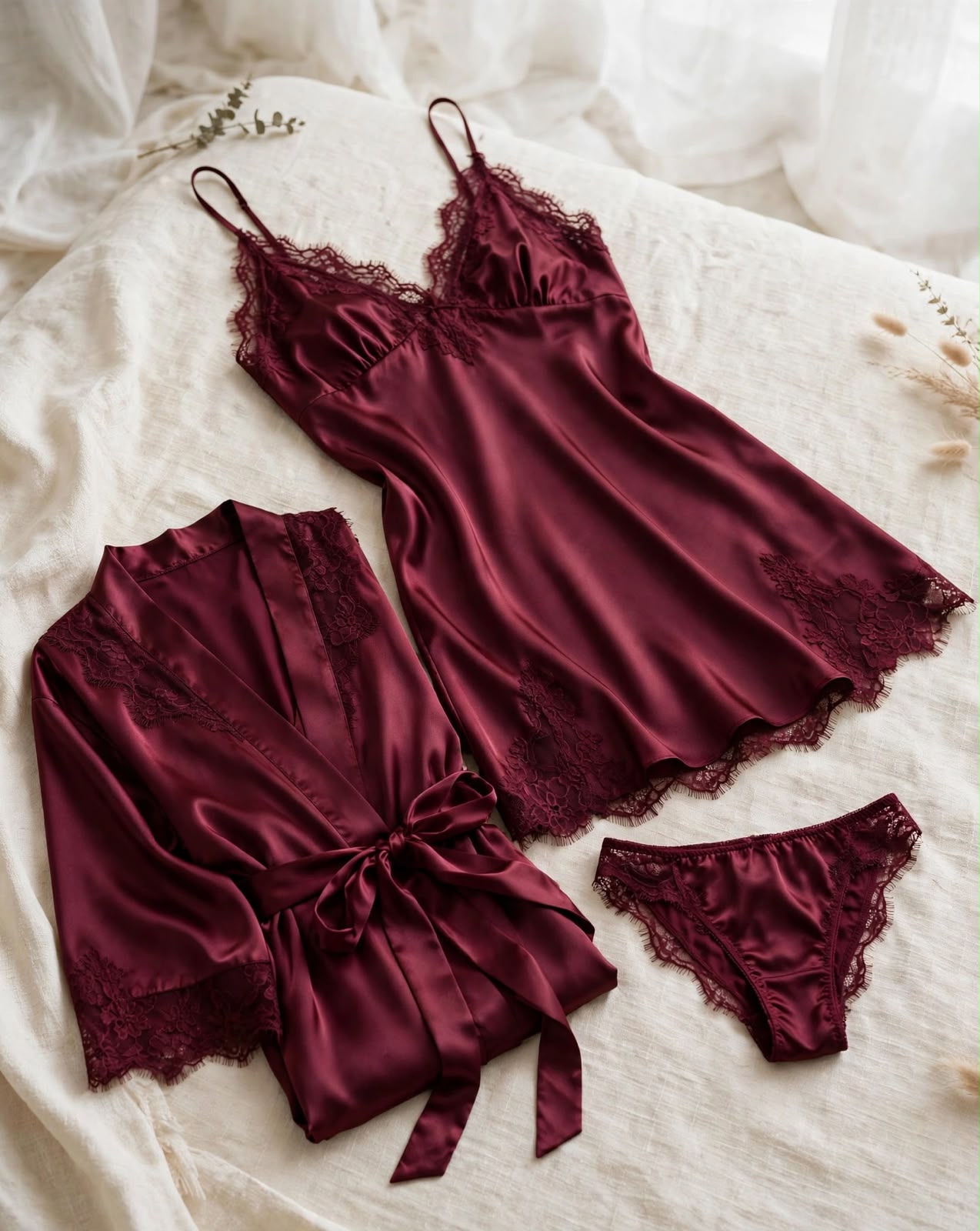 Burgundy Bliss 3-Piece Luxe Satin Nighty Set