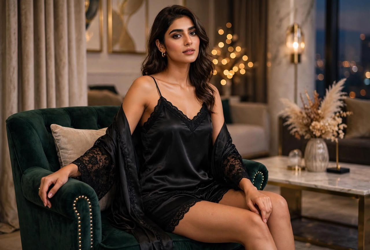 Midnight Allure - 5 Piece Satin Lace Night Suit Set