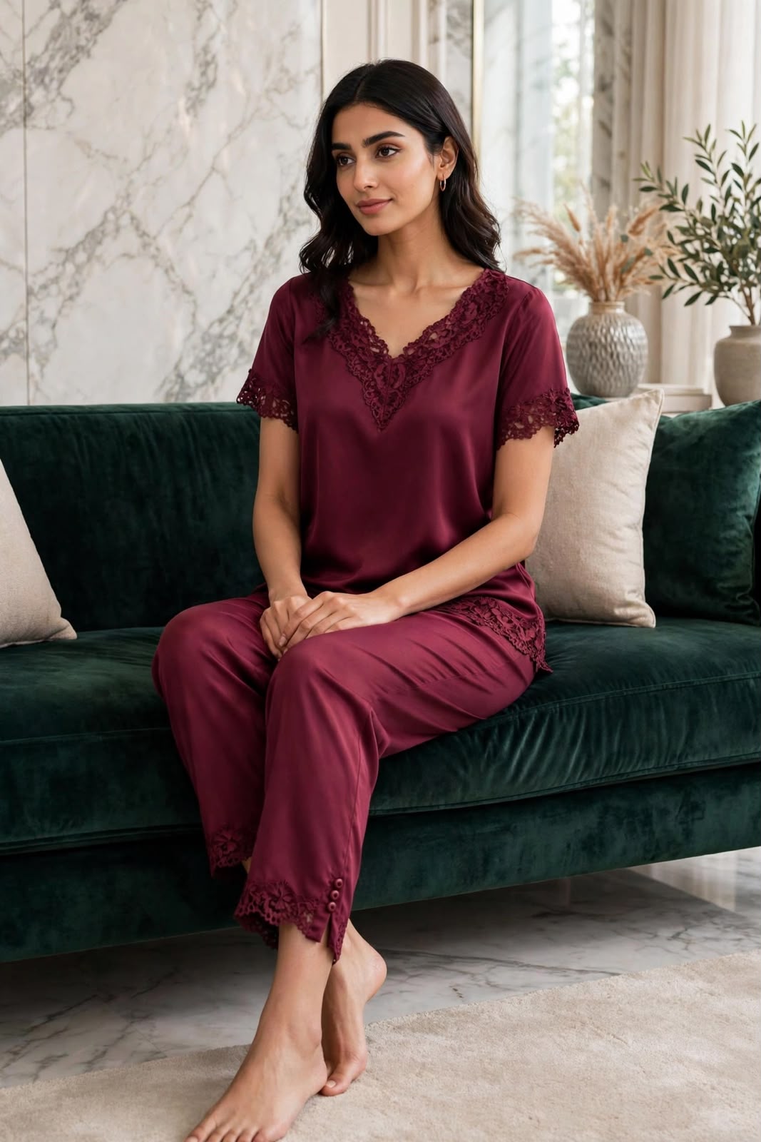 Burgundy Bliss - 3-Piece Lace Trim Satin Nighty Set