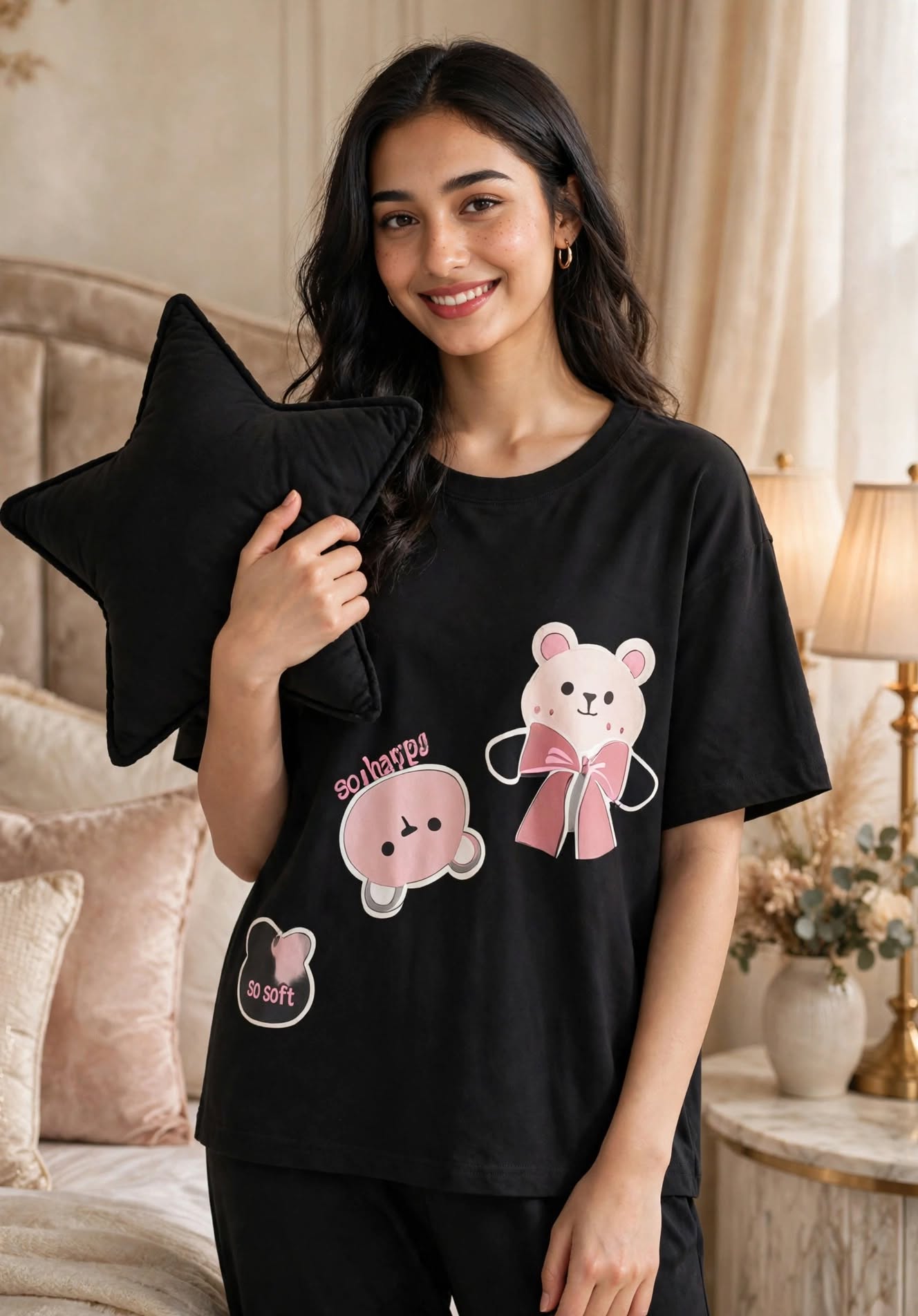 NeedNight Pink Bow Teddy Cozy - Black Oversized Night Suit