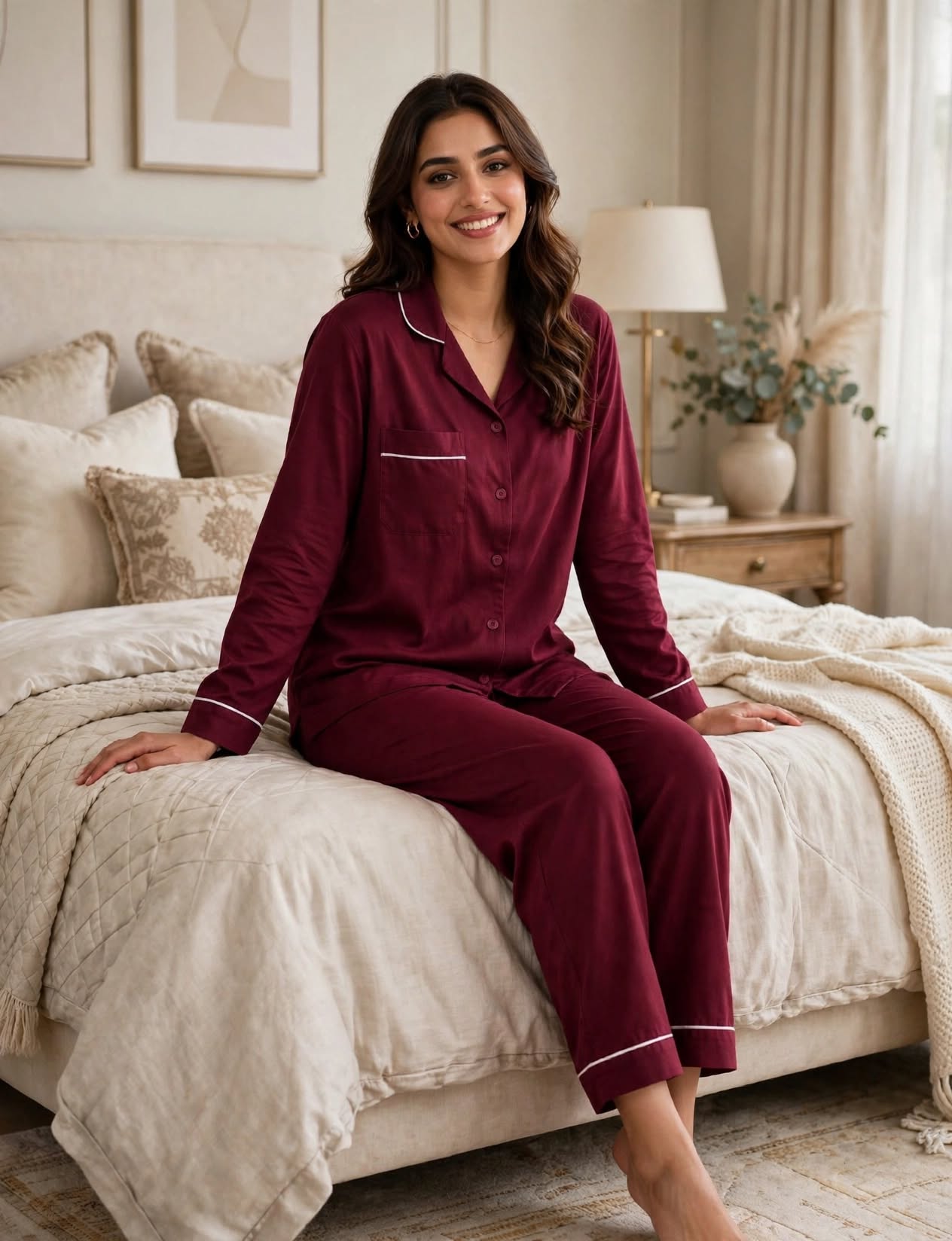 Burgundy Bliss  White Piping Luxe Lounge Pajama Set