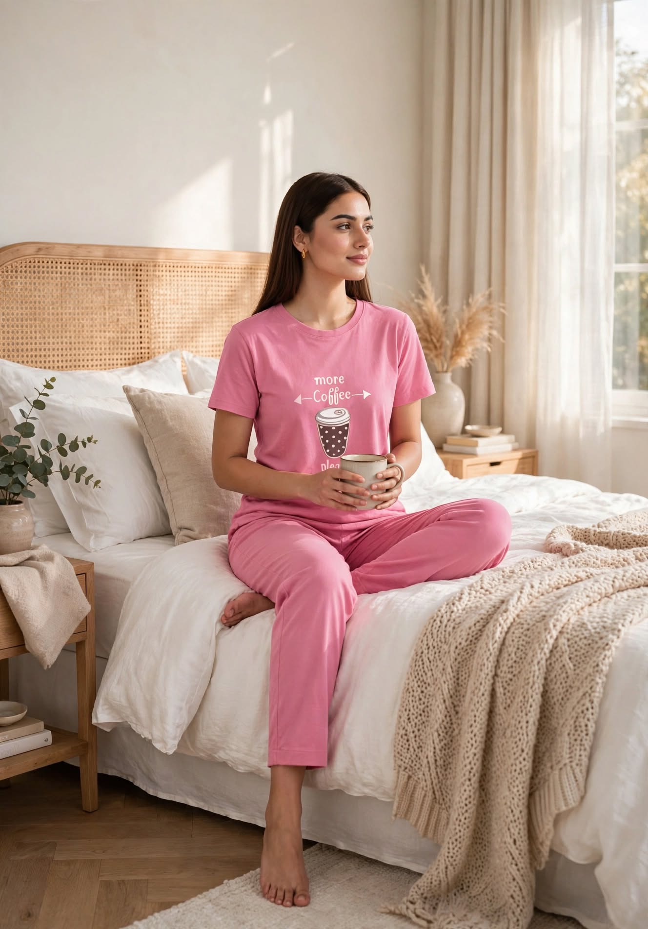 More Coffee Please – Blush Pink Soft Cotton Pajama Set for Women