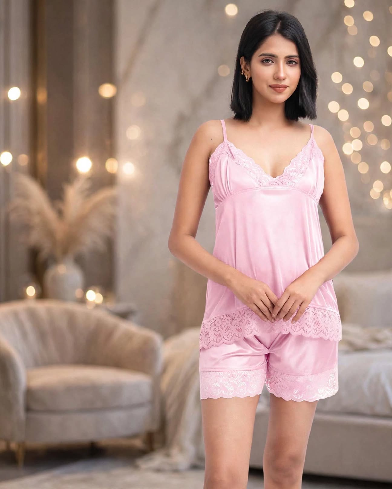 NeedNight Blush Luxe 2 Pcs Pink Satin Lace Cami Shorts Set