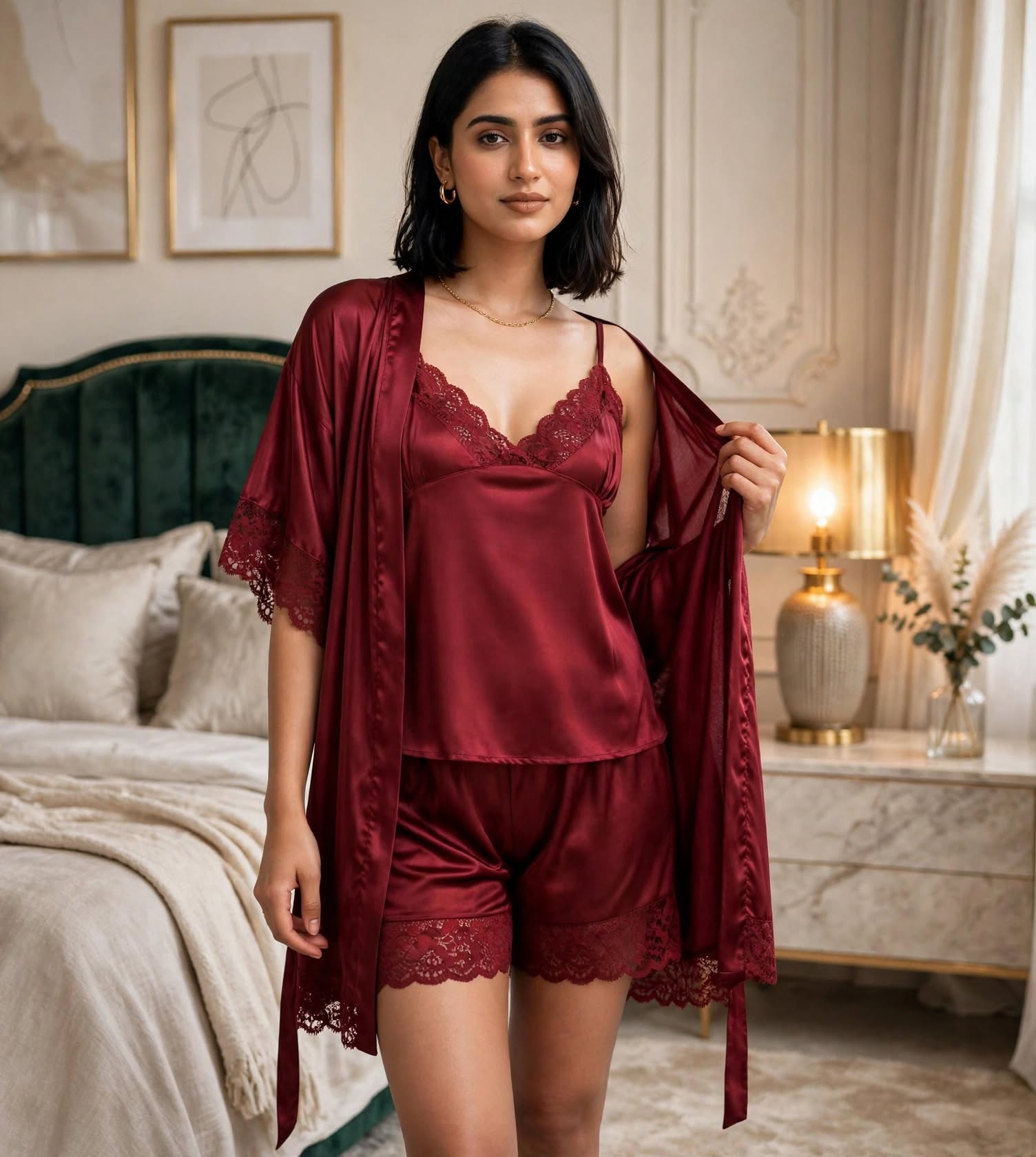 NeedNight Royal Satin 5-Piece Bridal Nighty Set - Model 505 (Maroon)