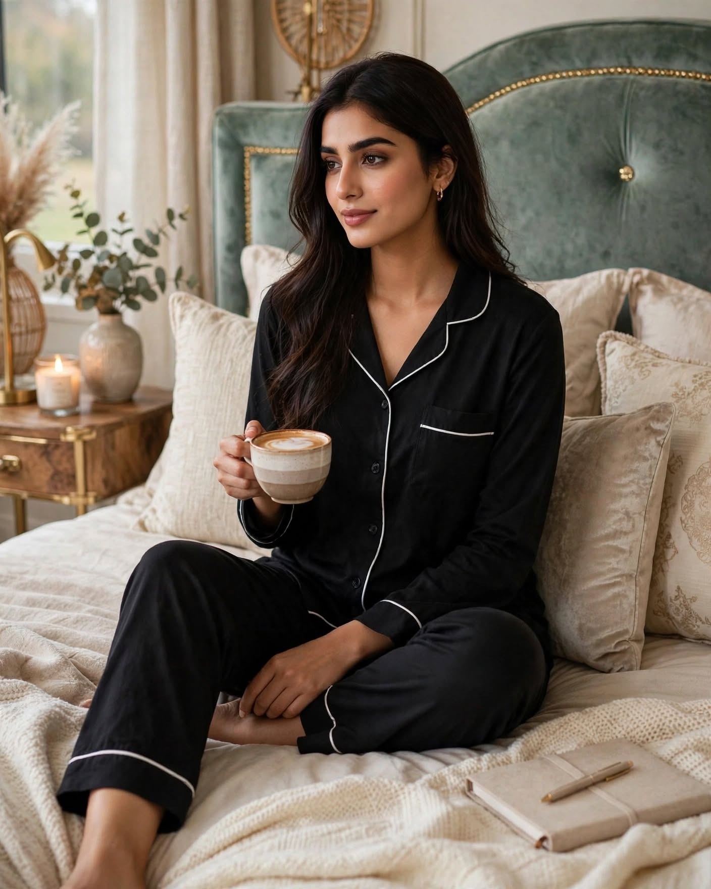 Midnight Elegance - Black Luxe Piping Pajama Set