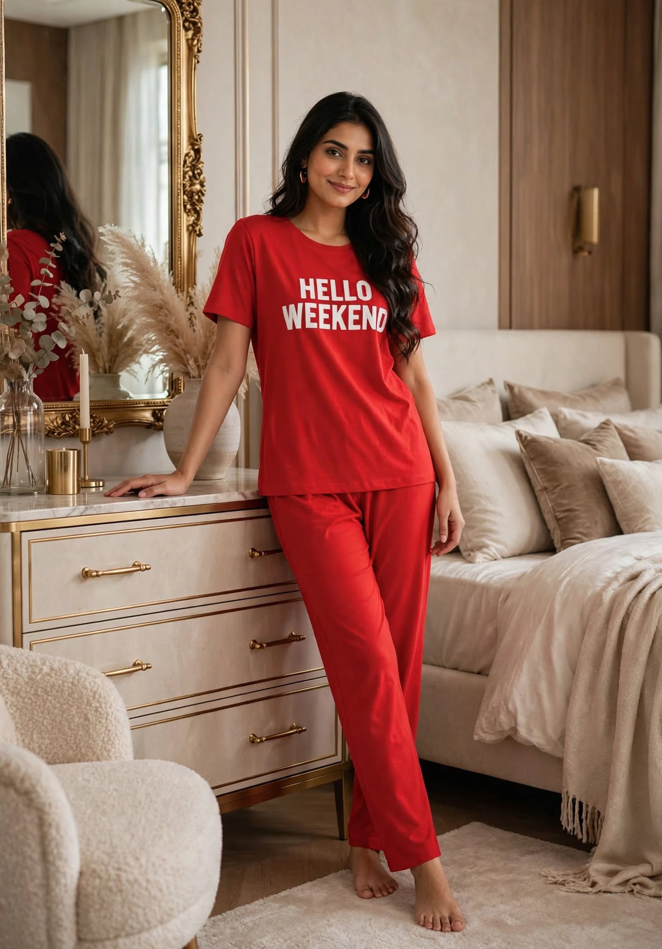 Hello Weekend Cherry Red Cozy Lounge Set - For Women