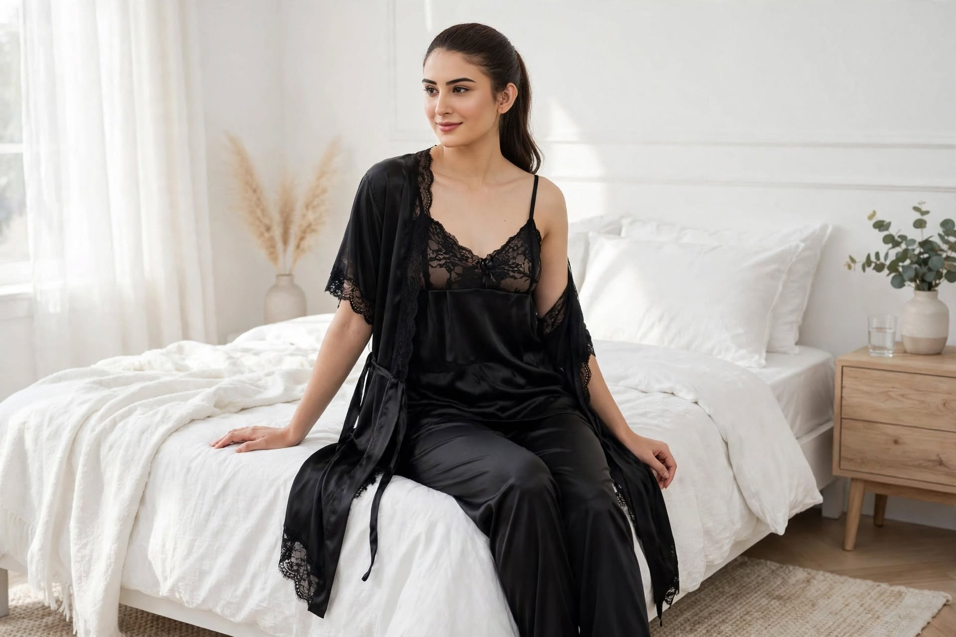 Midnight Elegance Black - Luxury 3-Piece Satin Bridal Nighty Set